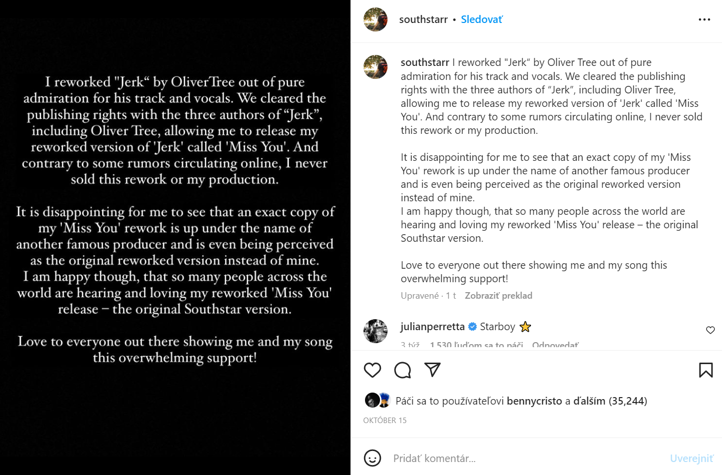 Robin Schulz a Oliver Tree odkopírovali song od Southstara, ktorý sa k tomu vyjadril aj na Instagrame.