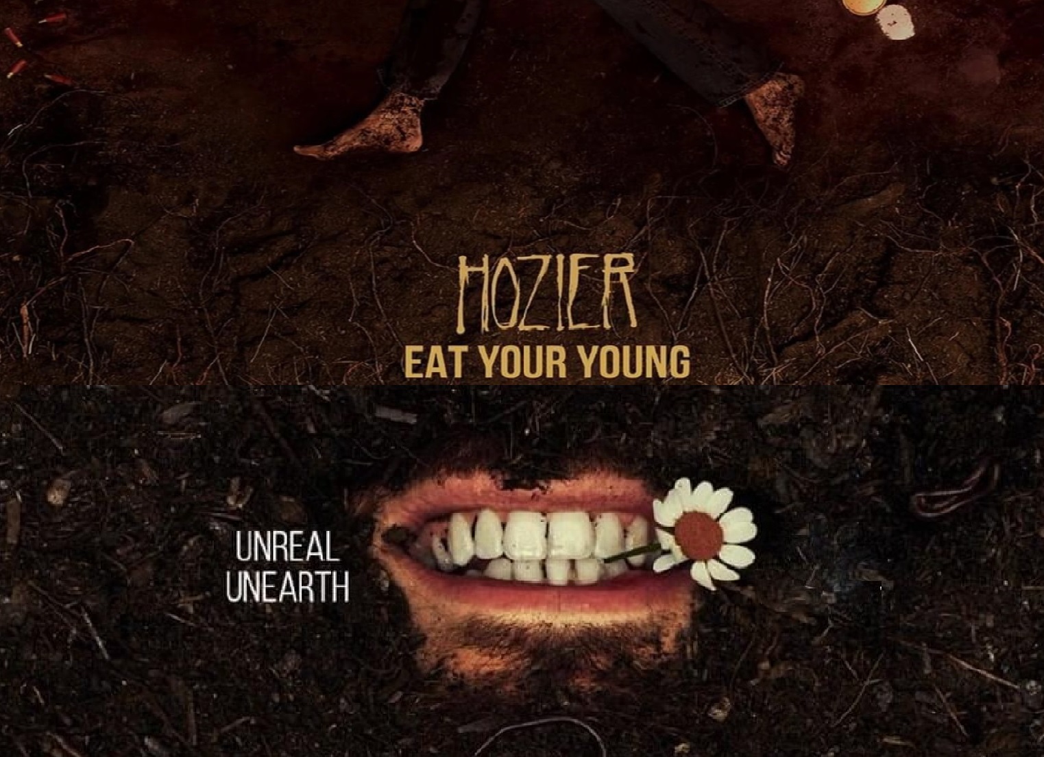 Porovnanie obálok EP Eat Your Young a albumu Unreal Unearth od speváka Hozier, kde je hlavným prvkom zem, ako odkaz na minulosť Írska. Zdroj: genius.com
